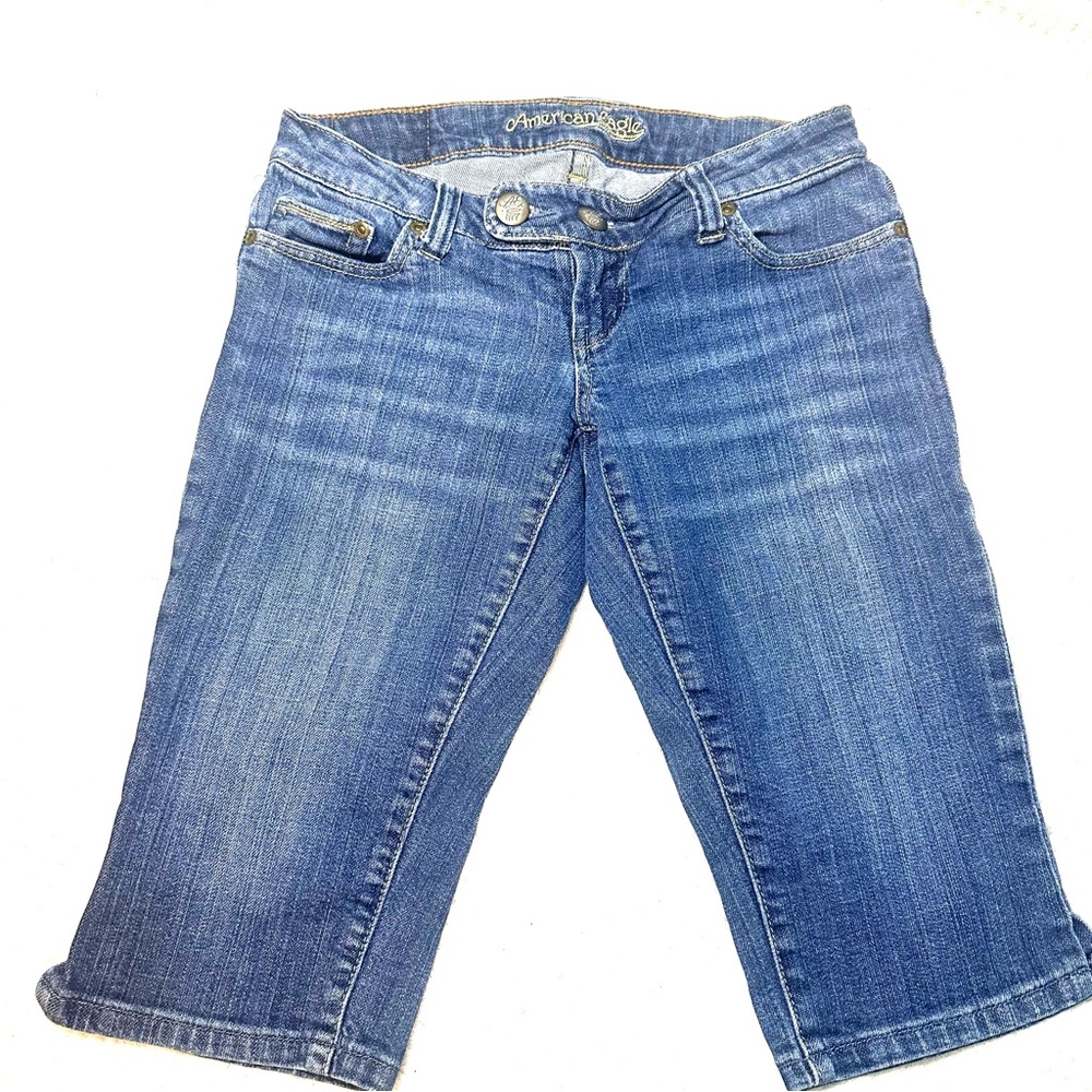 American Age Women's capri Blue Jeans Y2K bottoms low rise early 2000s